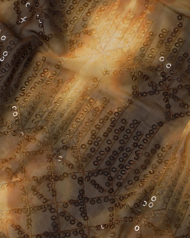 Tortilla brown to Coffee brown synthetic chiffon fabric with transparent sequins and embroidery in geometric design Regal Fabrics