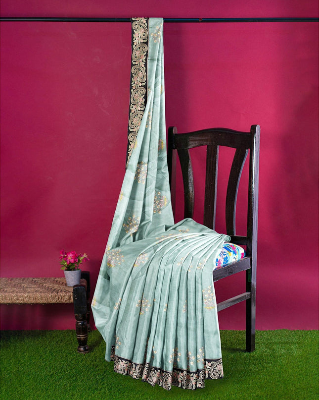 قماش توسر صناعي باللون الأخضر النعناعي مع تطريز متعدد الألوان بتصميم زهور. قطعة بلوزة بنفس اللون-D12744