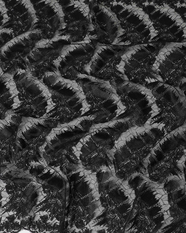 Black nylon tulle fabric with same tone embroidery in fancy design-D6026