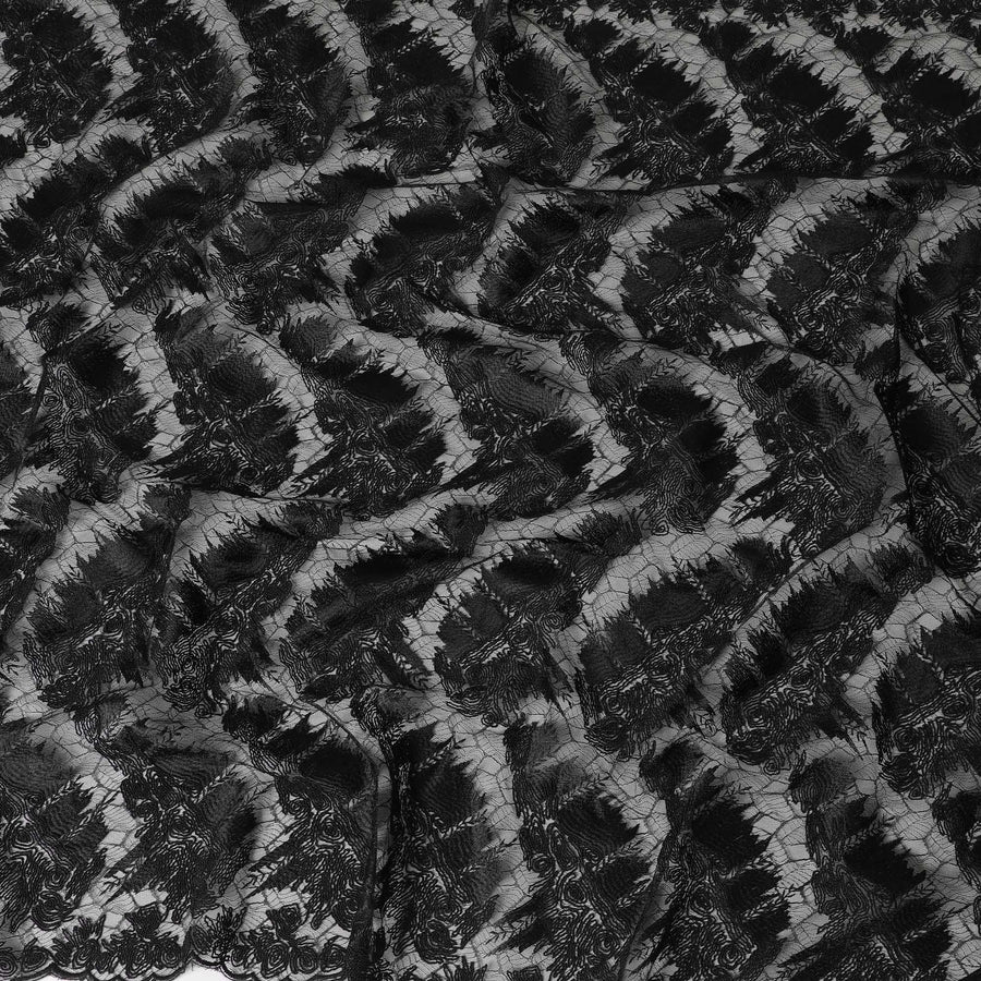 قماش تول نايلون أسود مع تطريز بنفس اللون بتصميم فاخر-D6026