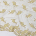Light gold nylon tulle fabric with same tone embroidery, beads in floral design-D11744