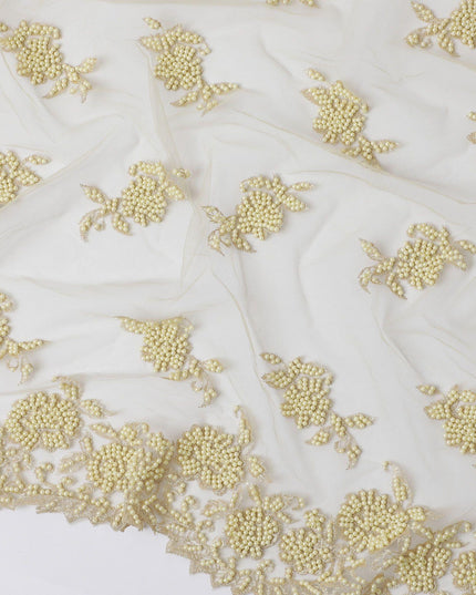 Light gold nylon tulle fabric with same tone embroidery, beads in floral design-D11744