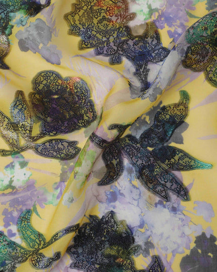 Sunflower yellow premium pure silk chiffon fabric with multicolor print and metallic lurex in floral design-D13237