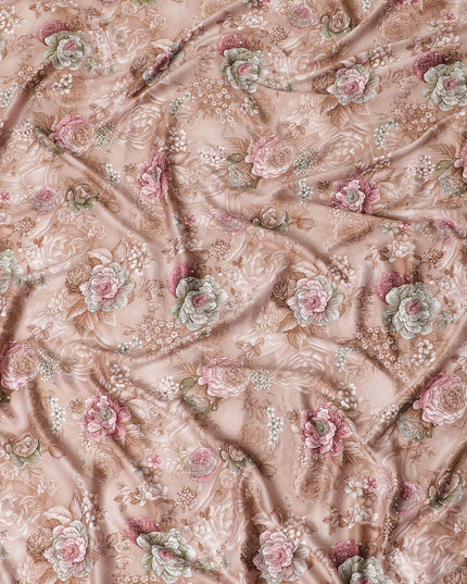 Brown synthetic crepe fabric with multicolor print having stone work in floral design-D15310