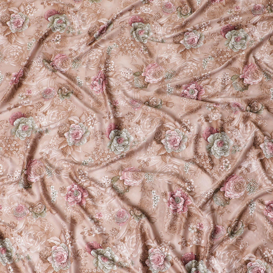 Brown synthetic crepe fabric with multicolor print having stone work in floral design-D15310