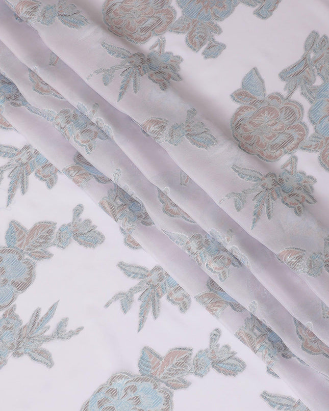 Light thistle purple premium pure silk chiffon fabric with silver, baby blue and copper metallic lurex in floral design-D11498