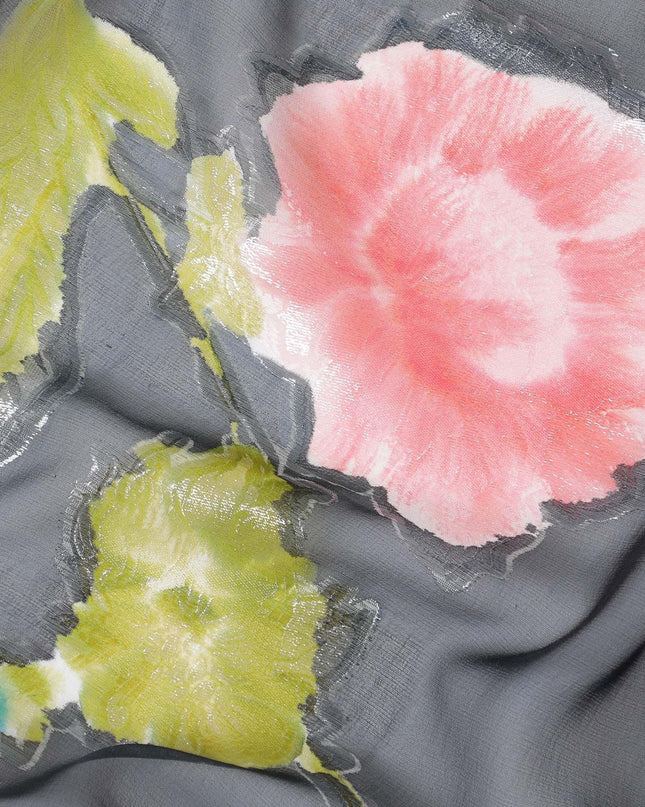 Black hand printed Premium pure silk chiffon with gold metallic lurex and multicolor prints in floral design-D11392