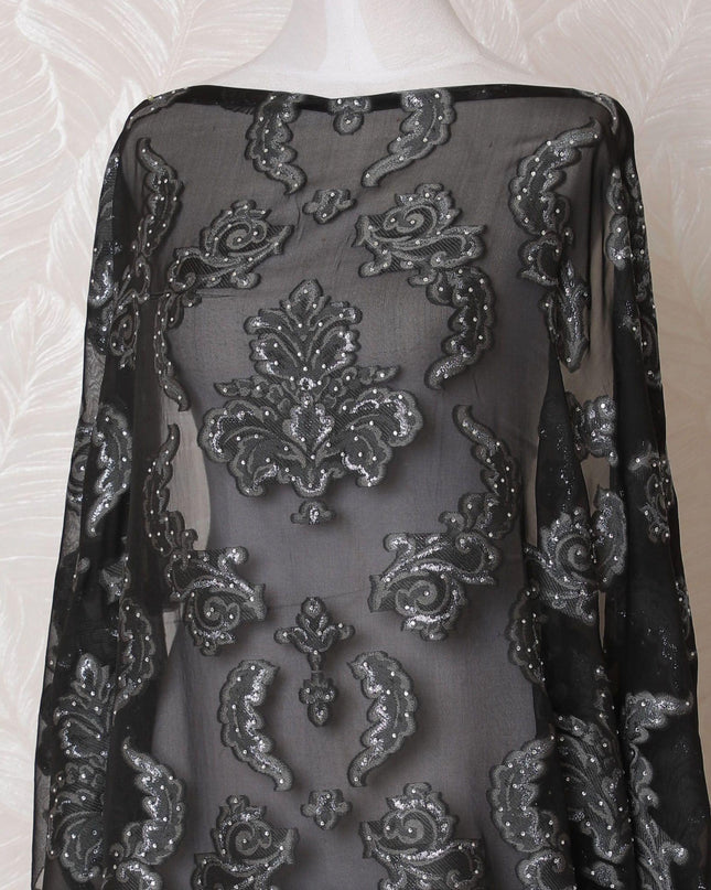 Black Premium pure French (Fransawi) silk chiffon dirac fabric with cloud grey viscose having silver metallic lurex and stone work in floral design-D15128