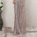 Pastel pink, copper, silver Premium Pure French metallic chantilly lace saree having stone work in floral design-D14480