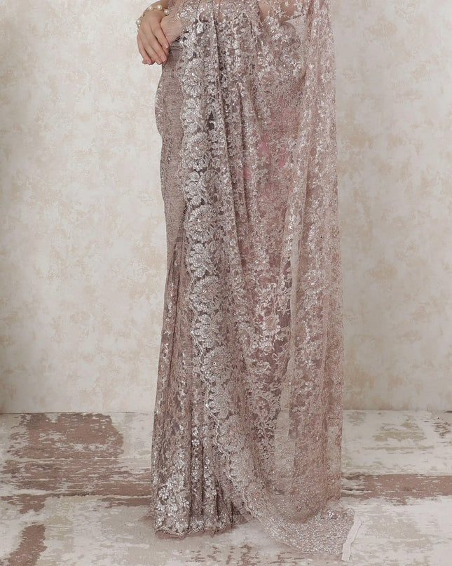 Pastel pink, copper, silver Premium Pure French metallic chantilly lace saree having stone work in floral design-D14480 Regal Fabrics