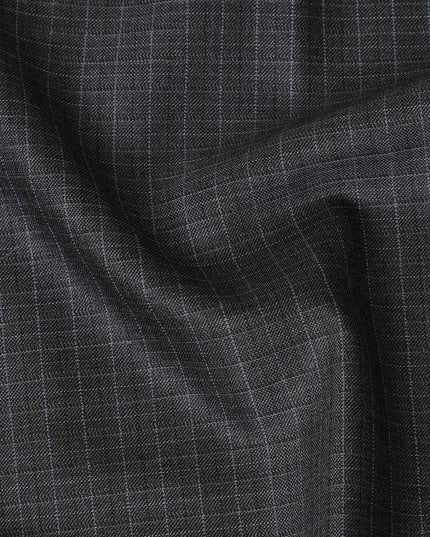 Coin grey Premiuum Super 140's English all wool suiting fabric having same tone and baby blue checks design-D13098