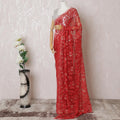 Scarlet red, gold Premium pure metallic French chantilly lace saree in floral design-D14910