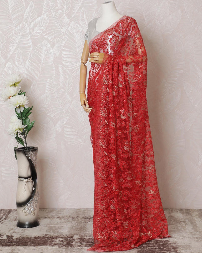 Scarlet red, gold Premium pure metallic French chantilly lace saree in floral design-D14910