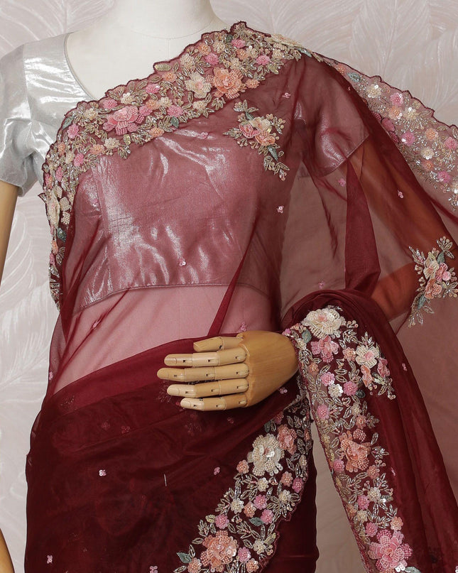 Marron Premium silk organza saree with multicolor embroidery having gold bead work, applique work and sequin work in floral design-D15594
