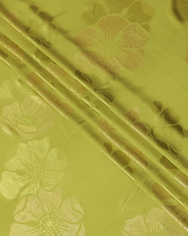 Olive green premium pure silk crepe fabric with gold metallic lurex in floral design-D13708 Regal Fabrics