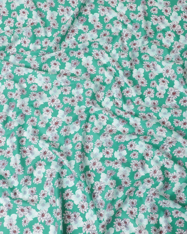 Dark Jade green cotton lawn fabric with off white, silver grey and turquoise blue print in floral design-D10847 Regal Fabrics