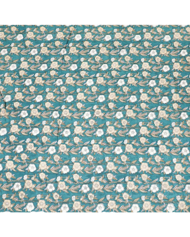 Sea green cotton lawn fabric with beige, black and off white print in floral design-D8439 Regal Fabrics