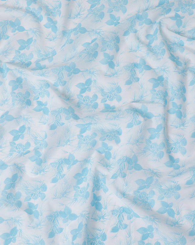 Off white cotton voile fabric with baby blue print in floral design-D15161