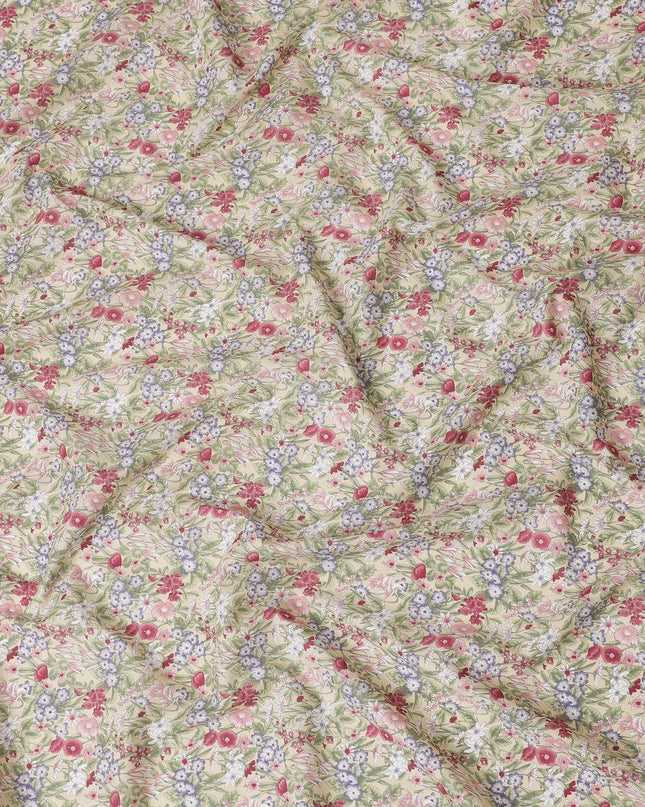 Beige cotton lawn fabric with multicolor print in floral design-D15222