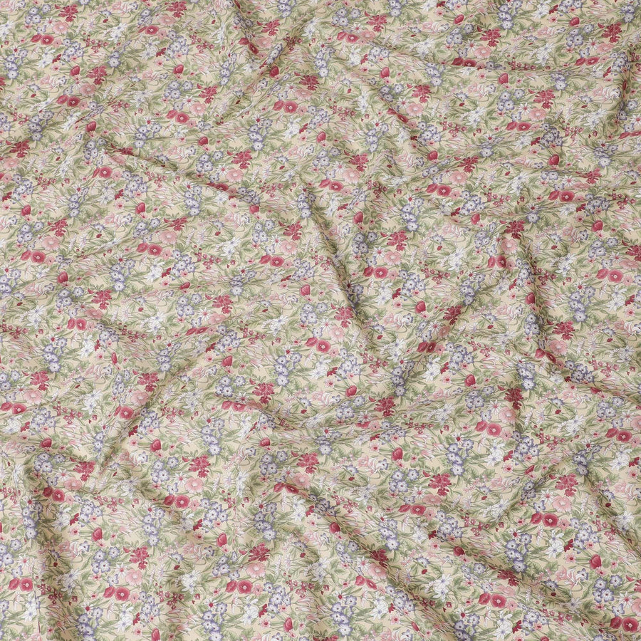 Beige cotton lawn fabric with multicolor print in floral design-D15222