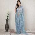 Baby blue, silver Premium pure French chantilly lace saree having stone work in floral design-D14485