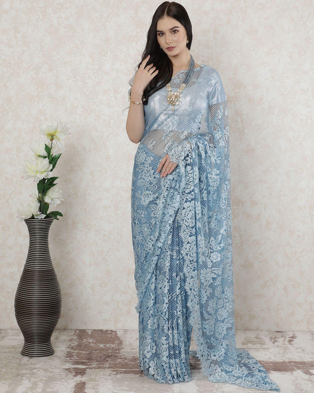 Baby blue, silver Premium pure French chantilly lace saree having stone work in floral design-D14485