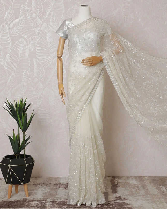 Off white Premium silk organza saree with same tone sequin work and bead work in floral design-D15585 Regal Fabrics