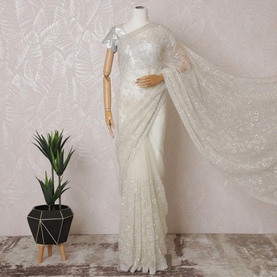 Off white Premium silk organza saree with same tone sequin work and bead work in floral design-D15585