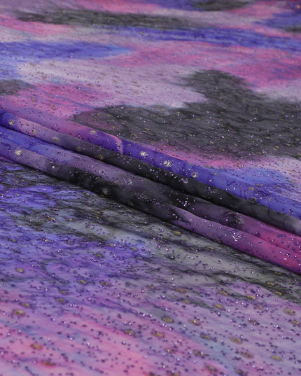 Heart purple, Royal blue silk chiffon fabric with purple glitter and gold metallic lurex in fancy design