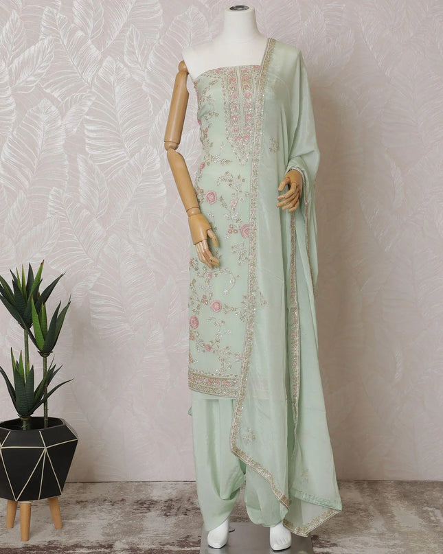 Vista green Premium pure silk crepe kameez with mint green embroidery, sequin work and stone work in floral design. Vista green plain salwar with same tone chiffon dupatta with same tone embroidery and bead work-D15576 Regal Fabrics