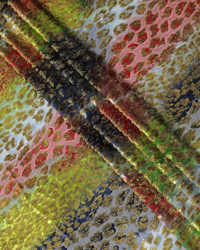 Multicolor premium pure silk chiffon velvet (makmal dirac) fabric with gold metallic lurex in fancy design-D13836 Regal Fabrics