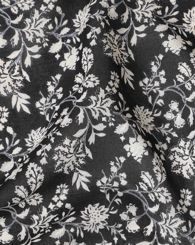Black cotton voile fabric with beige print in floral design-D15145