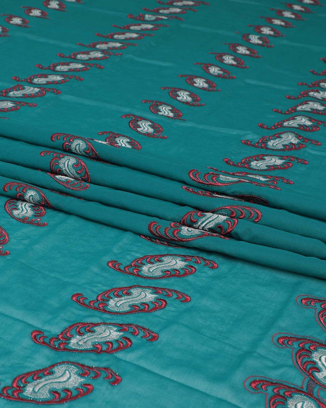 قماش فوال من القطن السويسري باللون الأخضر البحري مع تطريز معدني باللون الأحمر والبيج ومتعدد الألوان بتصميم الأزهار-D6320