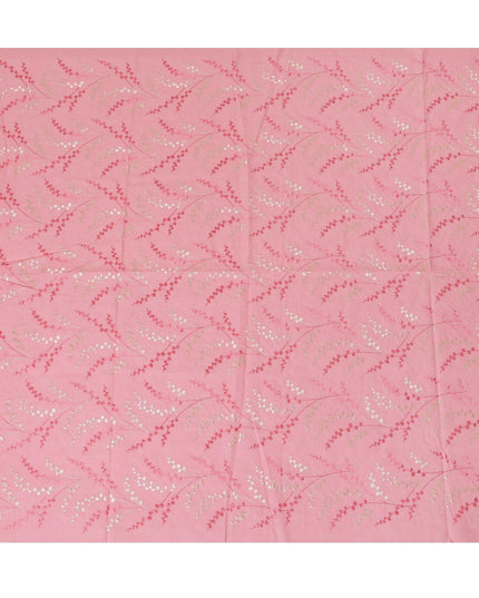 قماش الفوال القطني الخالص الفاخر باللون الوردي الوردي بنفس اللون والتطريز البيج بتصميم أوراق الشجر -D13703