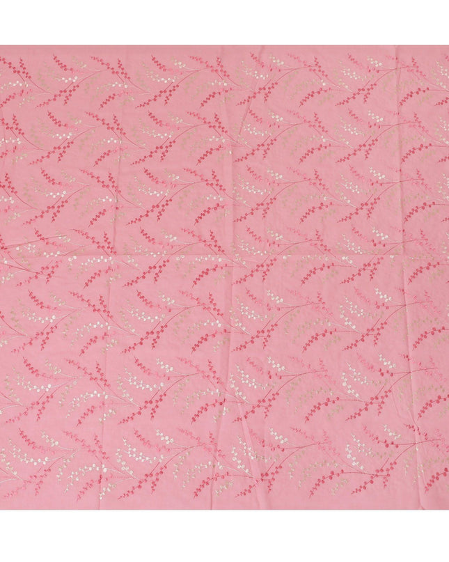 Rose pink premium pure cotton voile fabric with same tone and beige embroidery in leaf design-D13703