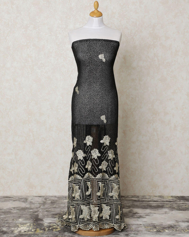 Black nylon tulle fabric with gold embrodiery and stone work in fancy design-D12018