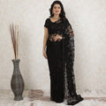 Black Premium pure French chantilly lace saree having crimson red stone work in floral design-D13479