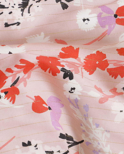 Baby pink viscose crepe printed fabric with multi colour prints and metallic lurex in floral design-D11166