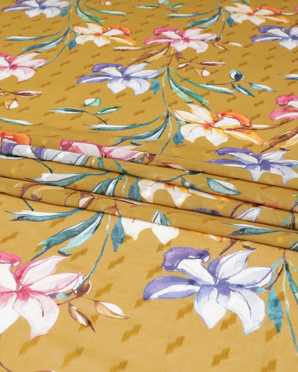 Mustard yellow cotton voile fabric with same tone jacquard having multicolor print in floral design-D8247 Regal Fabrics