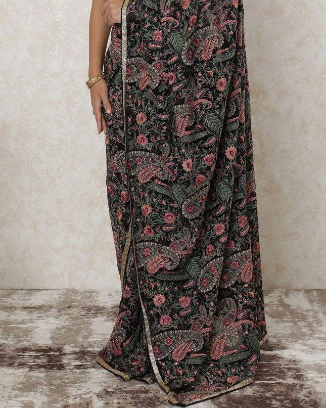 Black premium pure georgette Kashmiri work saree with multicolor embroidery having stone work and gold border bead work in paisley design-D12565
