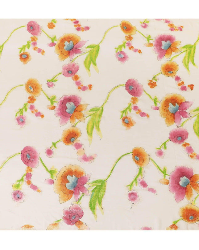 Beige hand printed Premium pure silk chiffon with gold metallic lurex and multicolor prints in floral design-D11389