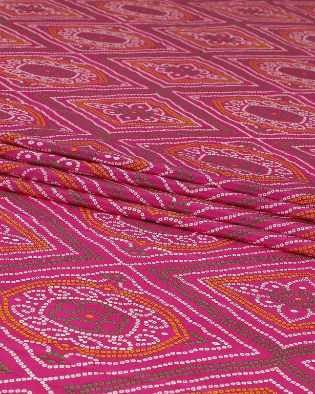 Magenta pink silk crepe fabric with olive green, white and mustard print in abstract design-D6427 Regal Fabrics