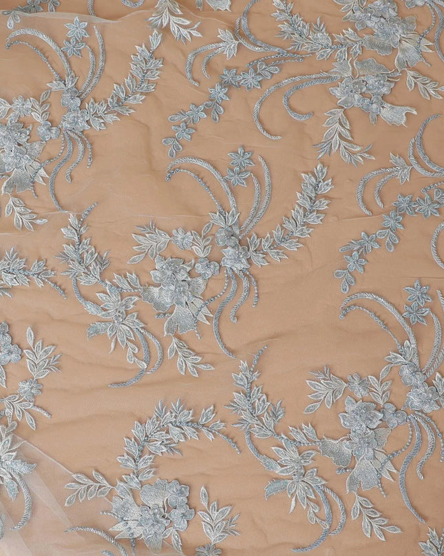 Powder blue Premium wedding nylon tulle fabric with same tone, off white embroidery, applique work and beadwork in floral design-D7914 Regal Fabrics