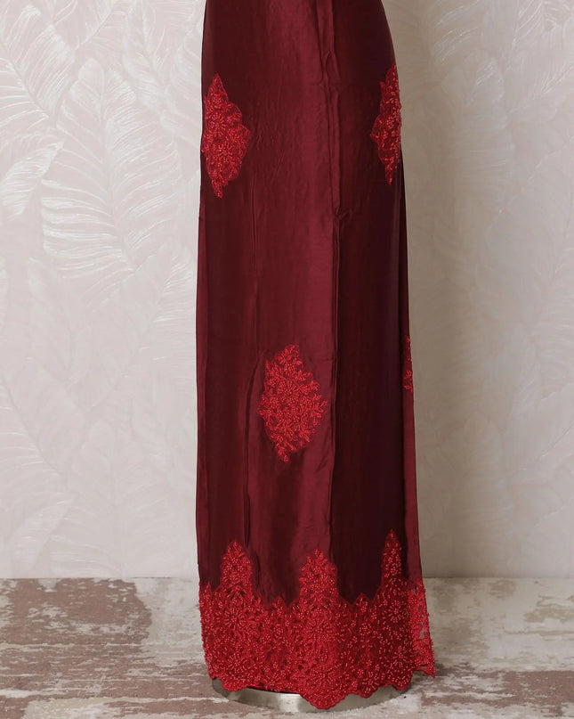 Maroon blended cotton lawn fabric with red embroidery having pearl work in floral design-D15089 Regal Fabrics