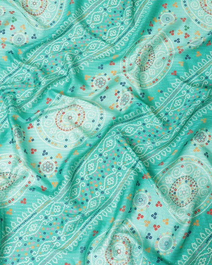 Pine green synthetic chiffon fabric with same tone embroidery stripe having multicolor print and sequins in geometric design-D9757