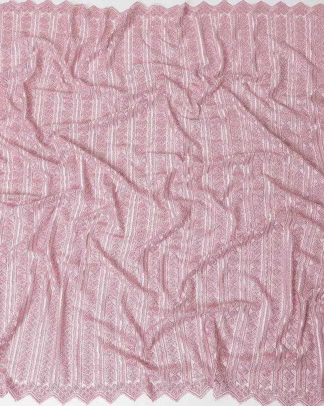 Rose pink nylon tulle fabric with same tone embroidery and beads in stripe design-D11697 Regal Fabrics