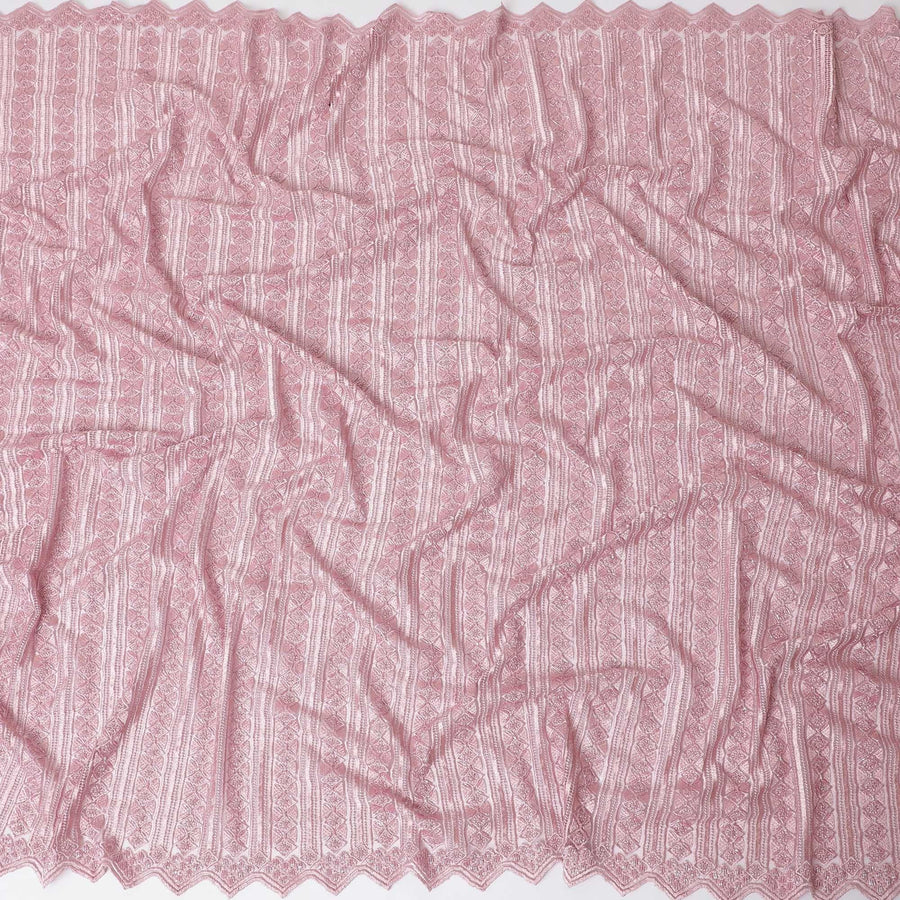 قماش تول نايلون وردي وردي مع تطريز وخرز بنفس اللون بتصميم مخطط -D11697