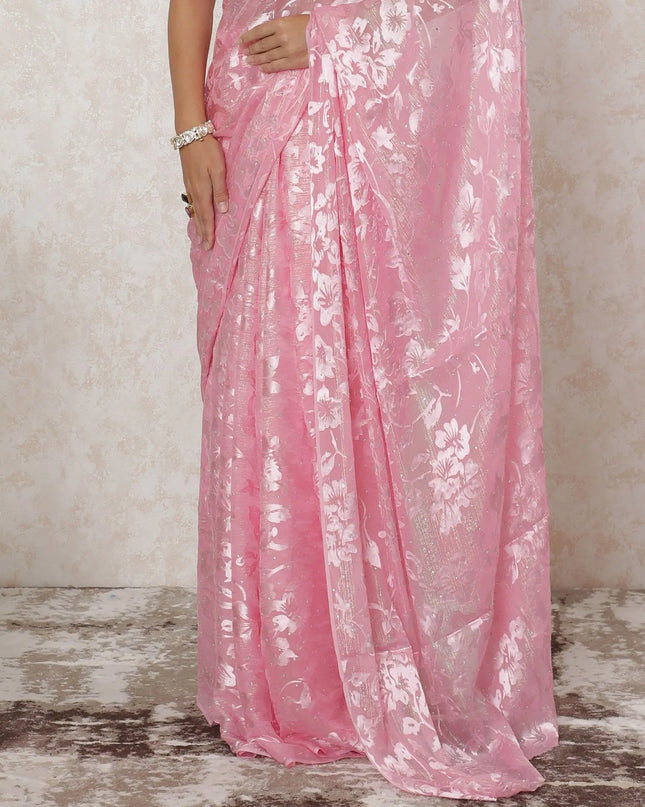 Rouge pink premium pure silk chiffon saree with same tone jacquard having metallic lurex and stone work in floral design-D12591 Regal Fabrics