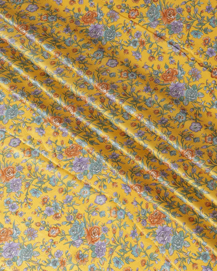 قماش الساتان الحريري الأصفر الهندباء مع طبعات باللون الأخضر والبرتقالي والبنفسجي بتصميم الأزهار-D11141
