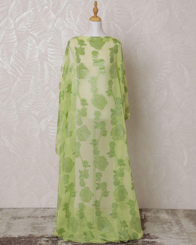 Lime green Premium pure French (Fransawi) silk chiffon dirac fabric with same tone metallic lurex in floral design-D15625